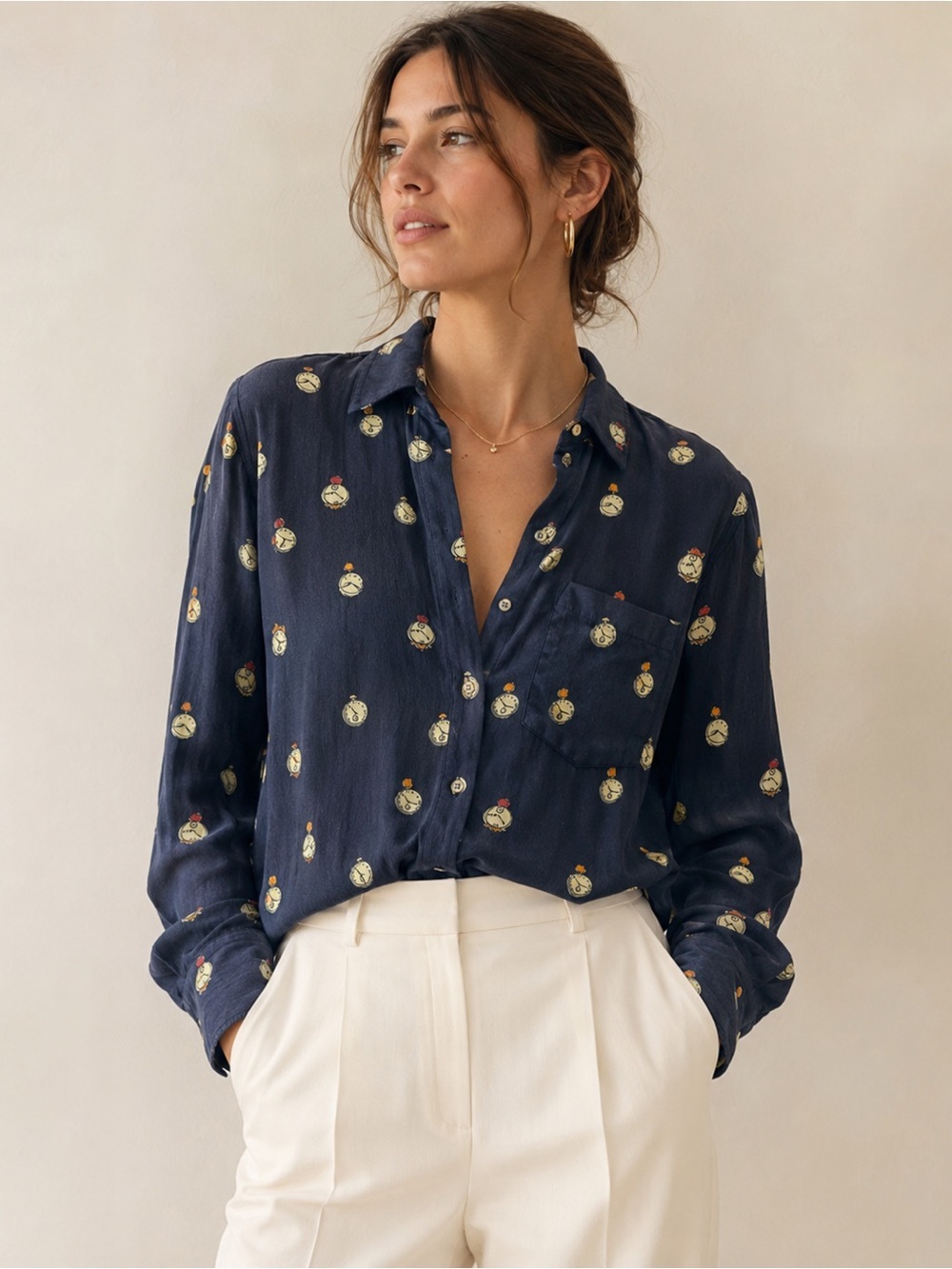 J Crew Blouse 100% Silk Clock Print Navy Long Sleeve Button Down Size 4​​​​​​​​​